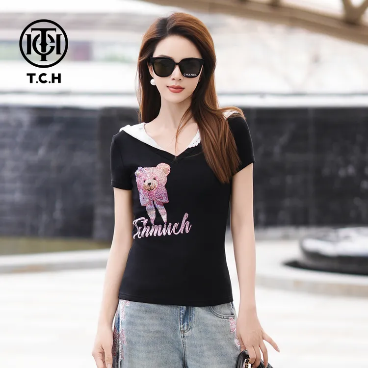 TCH私服烫钻工艺时尚休闲百搭舒适小熊T恤女T75A10E5050轻奢tch