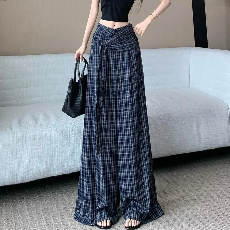 复古格子裤女夏季薄款2025新款高腰垂感宽松慵懒风休闲直筒阔腿裤