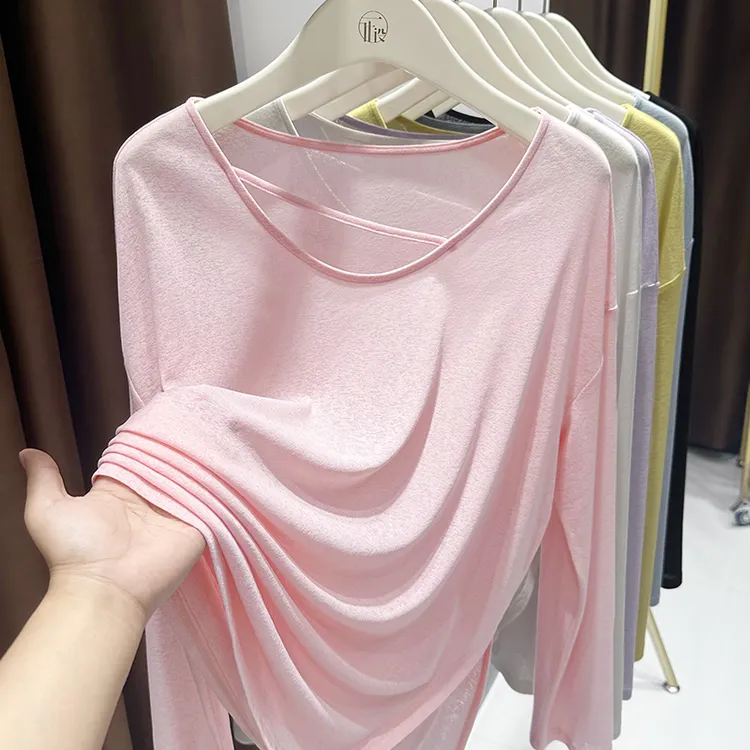 粉色多巴胺外搭冰丝针织防晒罩衫上衣T恤女夏季大圆领薄纱打底衫
