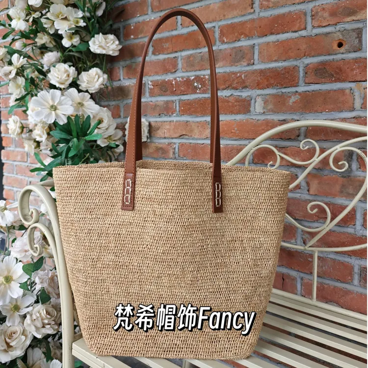 时尚大气托特包编织包拉菲草手工钩针包简约通勤大容量单肩包