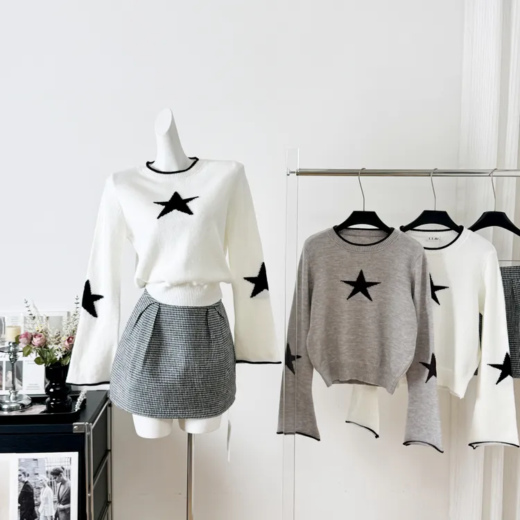 2025秋季新款五角星内搭气质显瘦圆领长袖针织衫女高腰花苞裙套装