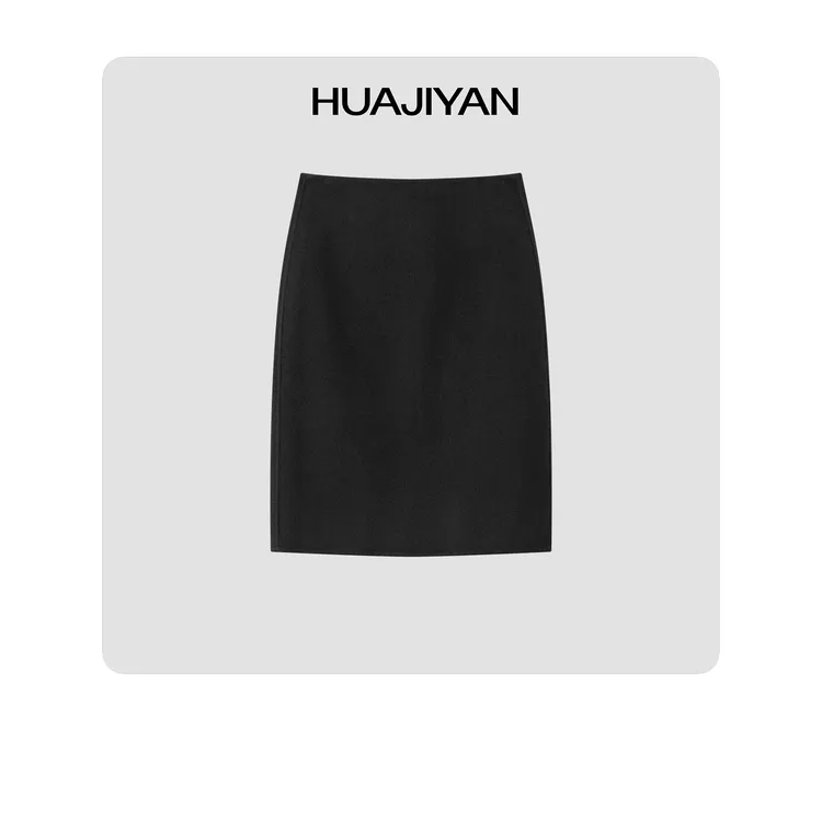 华吉言/HUAJIYAN【小自由】澳毛混纺后双拉链经典直筒毛呢半裙