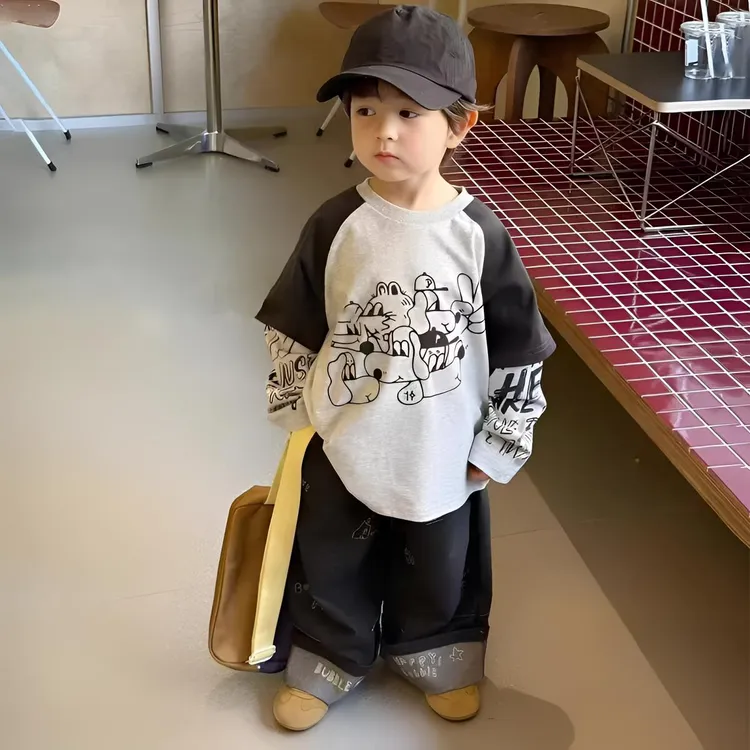 男童宽松拼接假两件T恤2025新款儿童帅气时髦长袖百搭圆领上衣潮