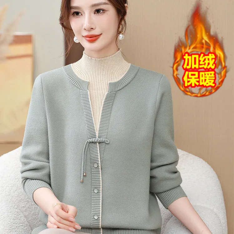 中老年冬装加绒保暖毛衣女洋气一体绒打底衫妈妈装假两件针织上衣