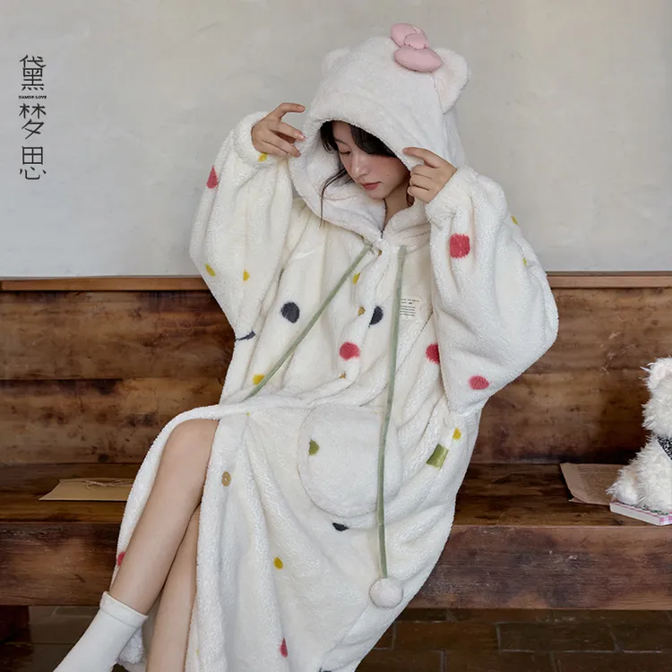 珊瑚绒毛茸茸长款大码睡衣珊瑚绒睡袍女冬季加厚加绒保暖家居服