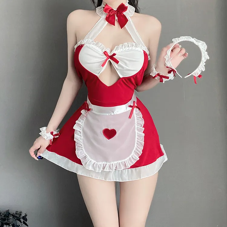 俏皮性感爱心肚兜式角色扮演制服连裤裙套装2673