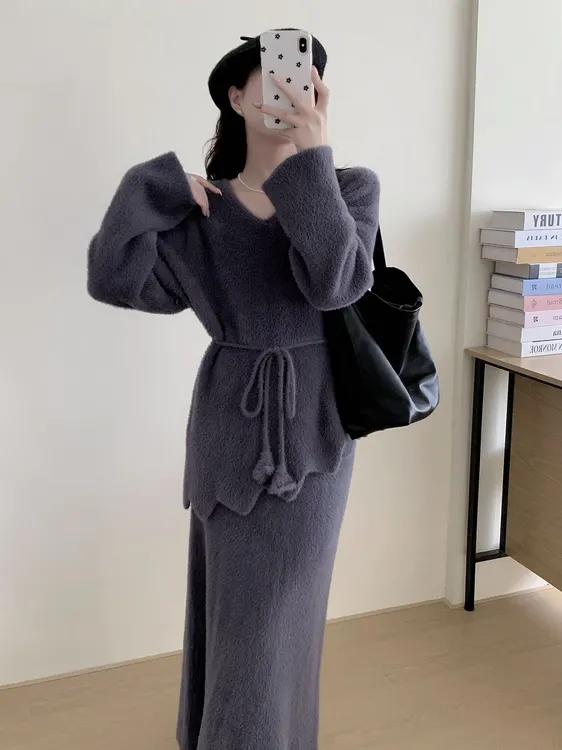 防水貂毛毛纯欲风常规款厚款女常规毛衣网红加厚温柔显瘦时尚套装