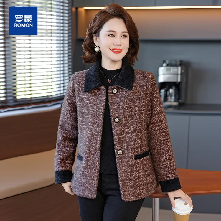 罗蒙2025春秋新款妈妈装时尚毛呢外套中老年女装秋冬翻领呢子上衣