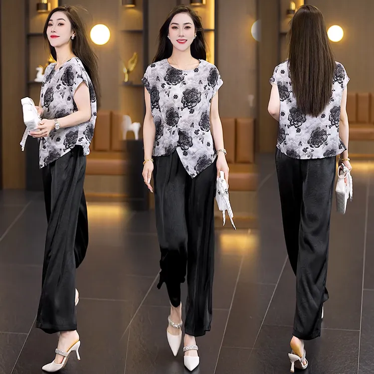 爆款休闲时尚套装2025新款夏季减龄新中式不规则上衣阔腿裤两件套