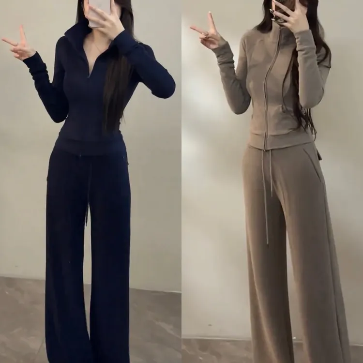 冬季新款休闲慵懒时尚套装长袖上衣抽绳阔腿长裤洋气显瘦运动套装