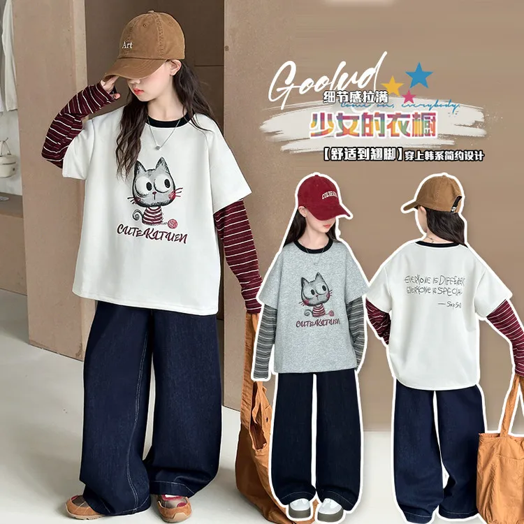 实体果家*猫咪拼接卫衣净版牛仔直筒裤套装112*依依家