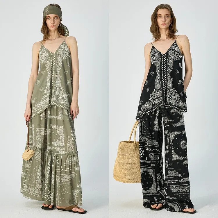 开间/獨家原创旷野波嬉风印花重磅6A级真丝定位LOGO吊带半裙4件套