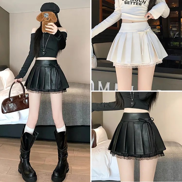 2025秋冬新款高腰显瘦PU皮百褶半身裙防走光白色A字短裙女小个子
