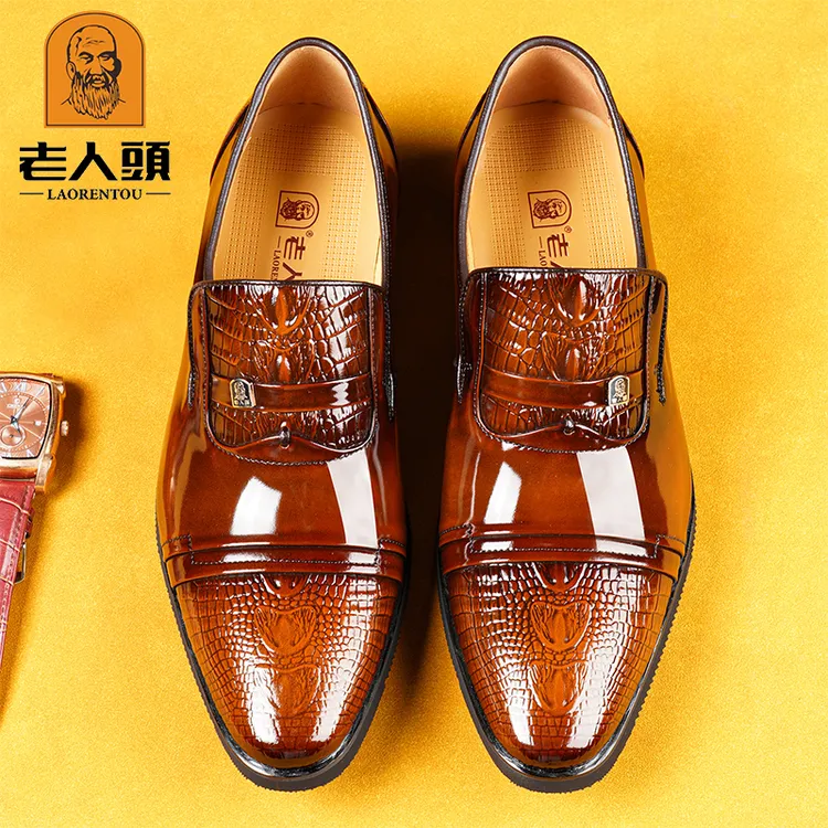 老人头男鞋商务正装皮鞋男春秋透气真皮透气一脚蹬鳄鱼纹压花婚鞋