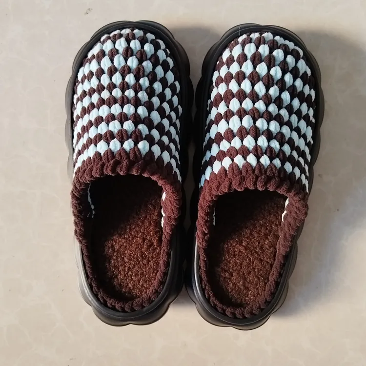 大码男士拖鞋手工钩织成品冰条线云朵底咖啡水蓝拼色居家厚底舒适