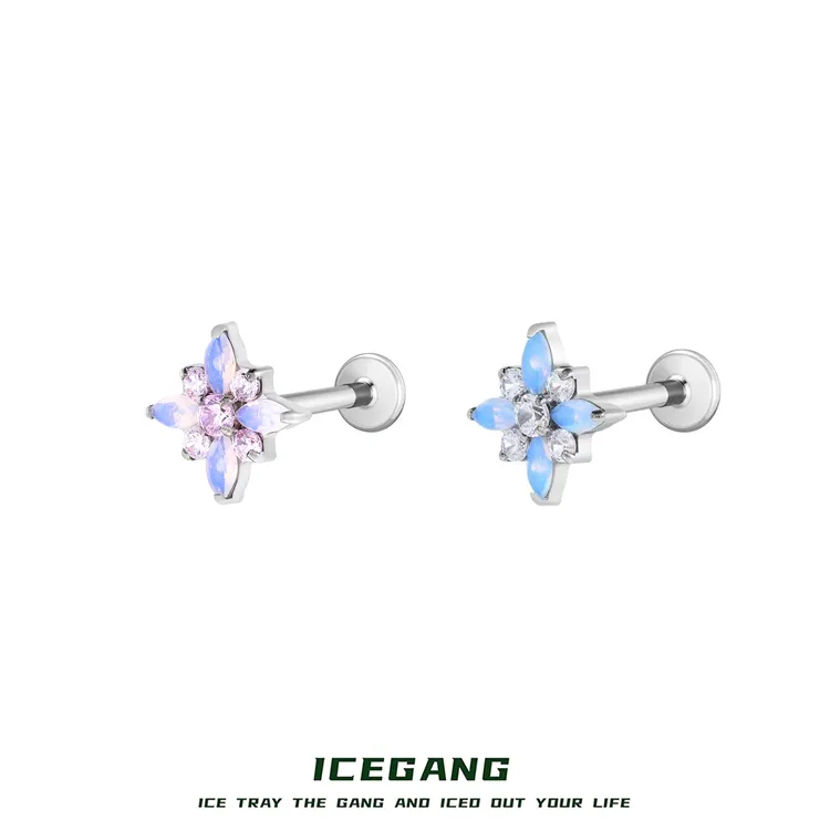 ICEGANG 钛合金合成锆石耳饰 F136钛合金蛋白锆石八芒星精雕耳钉