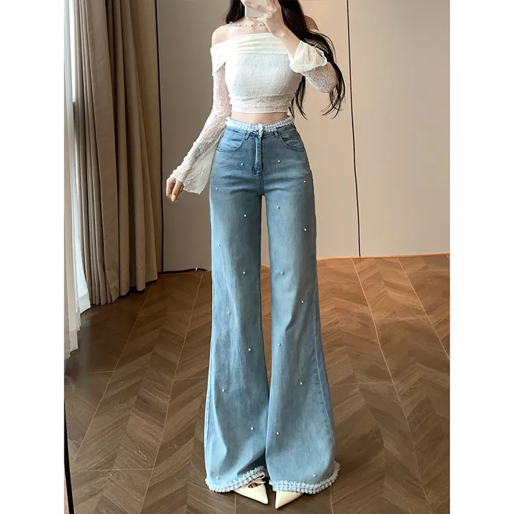 重工珍珠蕾丝花边微喇叭裤女2025秋季新款高腰修身不贴腿牛仔裤