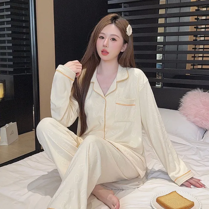 女士秋冬德绒压花长袖长裤保暖可外穿家居服套装