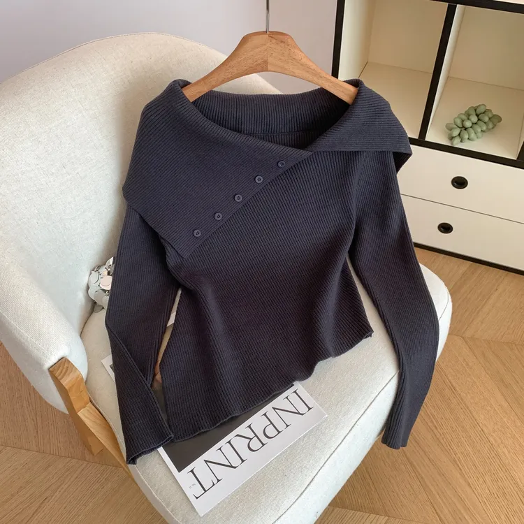 韩系洋气不规则显瘦针织衫上衣女秋冬新款设计感减龄气质翻领毛衣