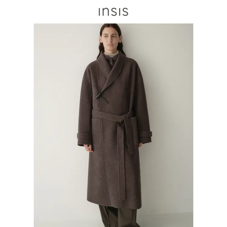 INSISFEMME交叠堆领斜门襟牛角扣长大衣FN25423614
