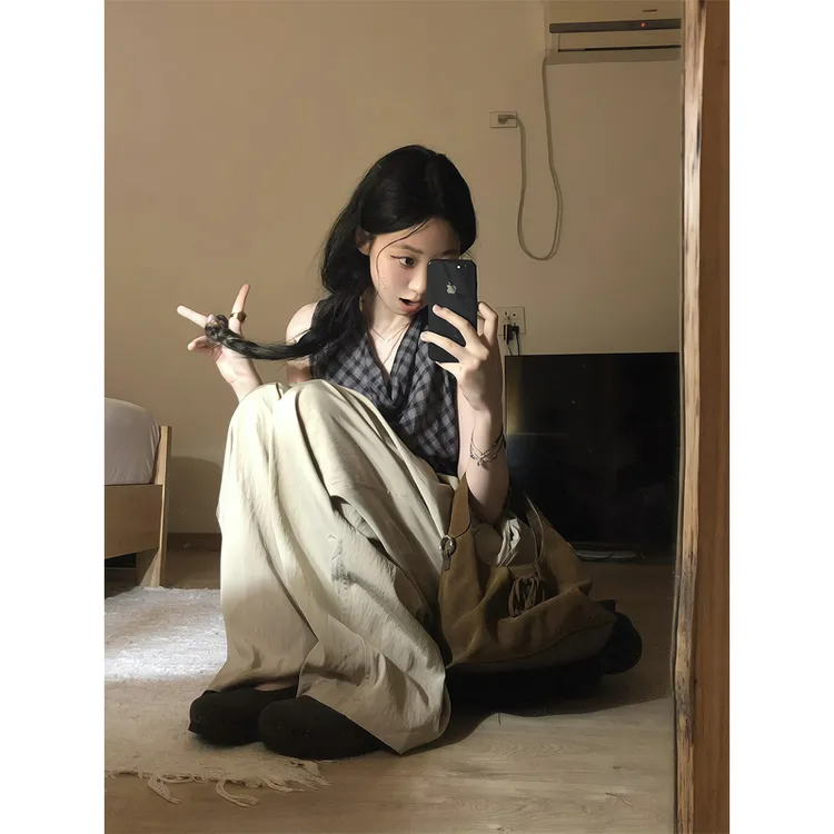 不规则堆堆领格纹衬衫上衣不撞款吊带清凉高腰阔腿山本裤遮肉长裤