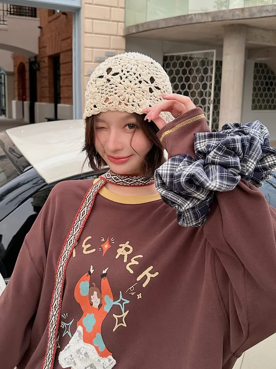 REREK 25AW冬藏青格纹色织格纹大肠头饰发圈女