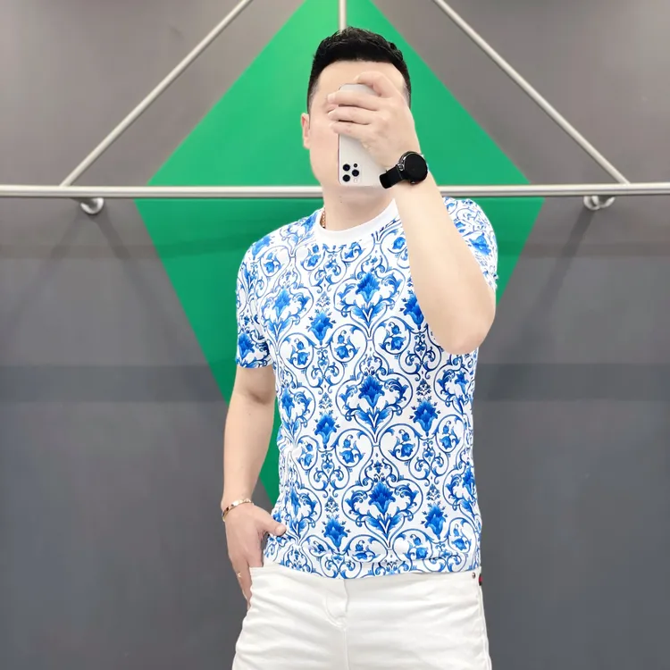 【傲者严选】2025夏季青花瓷半袖T恤男士时尚潮流休闲修身短袖