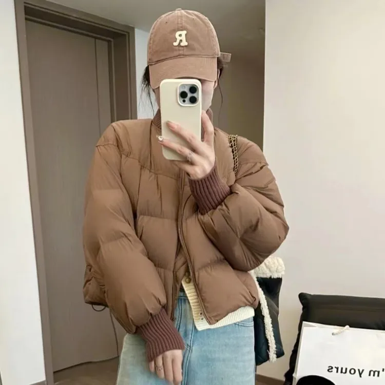 棒球领棉服女短款2025冬季米白螺纹针织拼接加厚面包服棉服