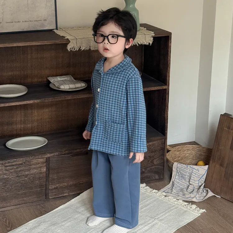 小男孩睡衣女童家居服立领宽松秋款儿童格子长袖长裤宝宝分体套装