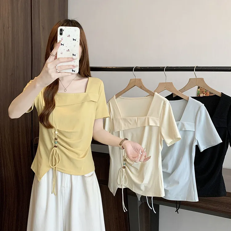 2025夏装新款胖mm大码女时尚方领彩色纽扣蝴蝶结短袖T恤35336
