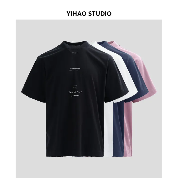 YIHAO STUDIO夏季男款简约英文纯棉半袖T恤百搭休闲宽松圆领短袖