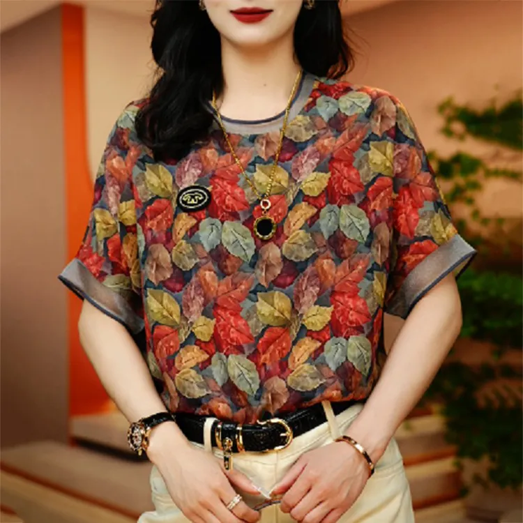 2025夏季新款墨底绿韵印花T桖高级感洋气时尚显瘦短袖圆领上衣女