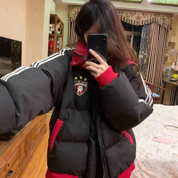 2025时尚国潮撞色拼接字母面包服男女冬季加厚保暖立领棉服外套潮