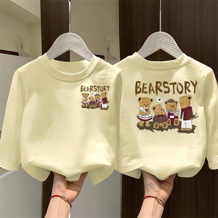 纯棉男女宝宝打底衫内搭纯色长袖圆领T恤衫中小儿童卡通印花童装