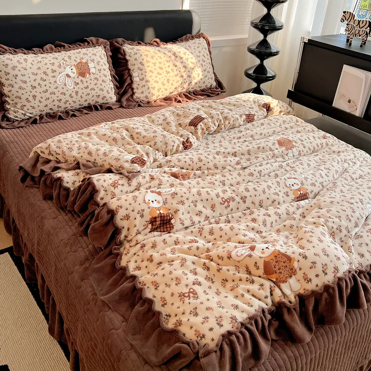 法式公主风牛奶绒四件套床盖款冬季加厚法兰珊瑚绒花边被套罩床单