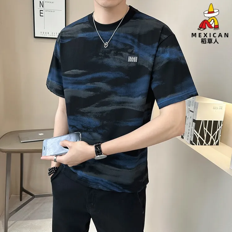 稻草人迷彩冰丝t恤男士短袖2025新款潮流宽松体恤圆领装时尚男装