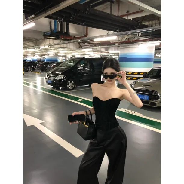 性感立体鱼骨束身收腰露肩抹胸修身背心上衣皮裤套装