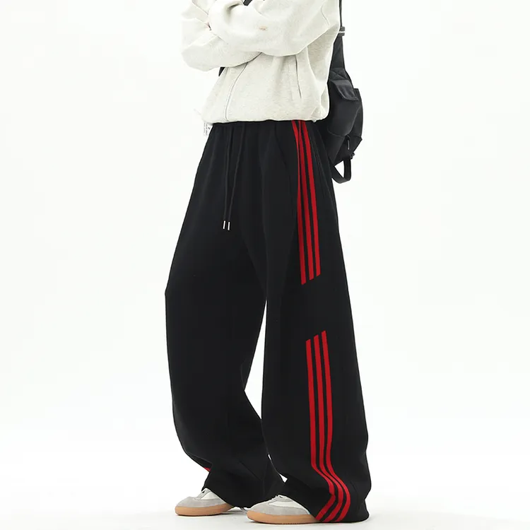 美式条纹拼接运动卫裤男女款秋季潮牌宽松阔腿裤大码休闲直筒裤子