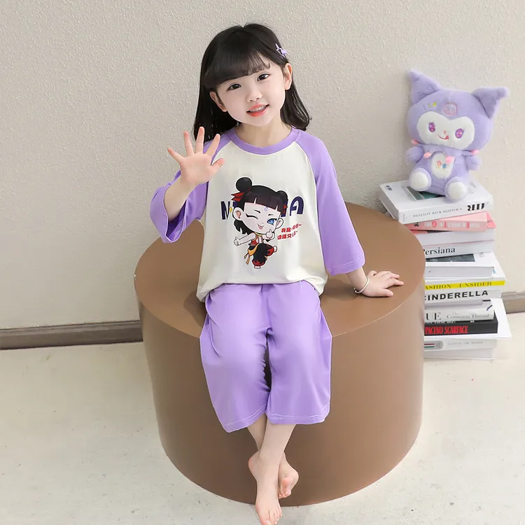 儿童哪吒睡衣莫代尔七分袖套装女孩宝宝薄款女童卡通空调服家居服