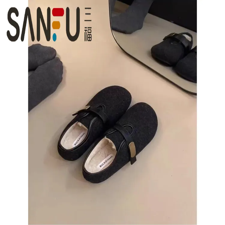 三福加绒平底保暖棉鞋女2025冬季新款复古呢子毛毛单鞋通勤女鞋子