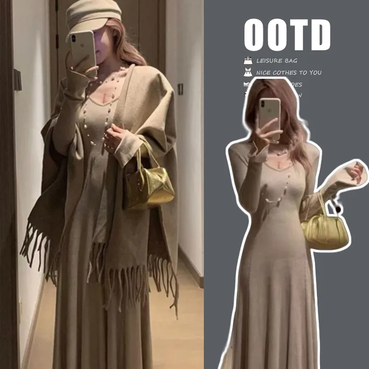 时尚孕妇秋季新款披肩连衣裙显瘦复古韩版孕妇连衣裙两件套