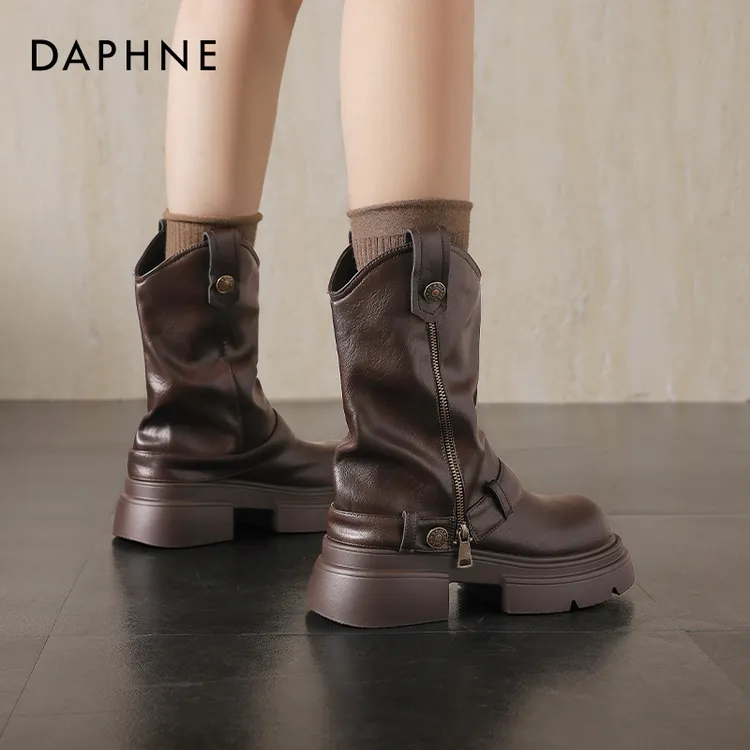 达芙妮美拉德马丁靴女2025新款春秋棕色裤管堆堆靴厚底西部牛仔靴