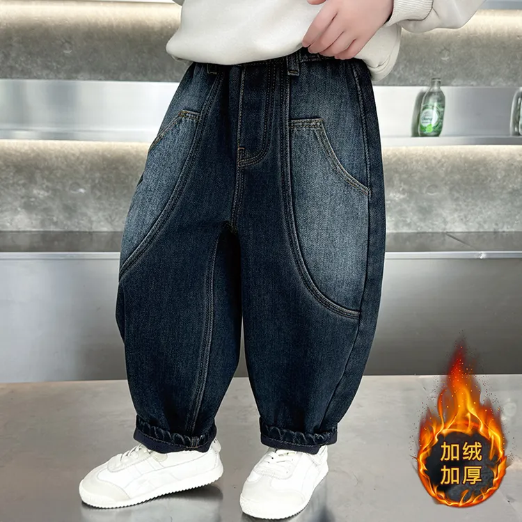 男童冬季加绒牛仔裤2025新款宝宝秋冬保暖加厚一体绒洋气牛仔裤潮
