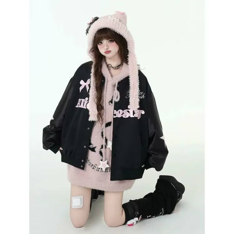 美式复古风格蝴蝶字母刺绣情侣款遮肉短外套立领夹克