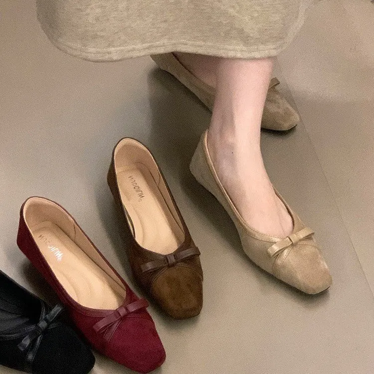 法式网红百搭复古绒面一脚蹬方头单鞋女蝴蝶结镂空平底气质晚晚鞋