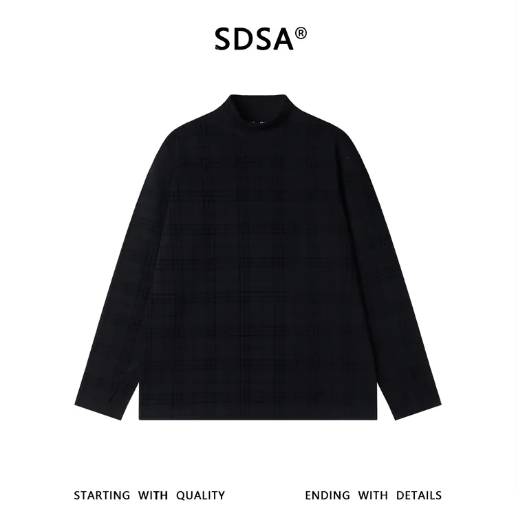 SDSA男士秋冬新款痞帅男装潮牌复古撞色格纹格子立领长袖T恤百搭