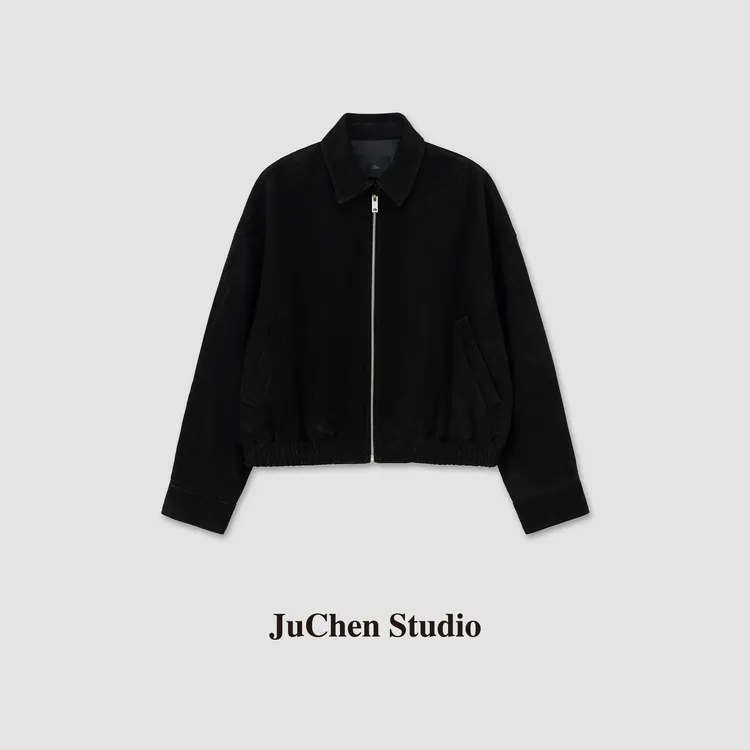 黑标线R0W风老钱空运小羊皮线条感廓形翻领皮衣外套 FW115001-179