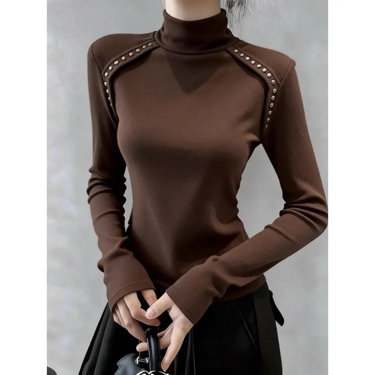 棕色高领德绒打底衫内搭女秋冬季小众设计高级感轻熟气质保暖上衣