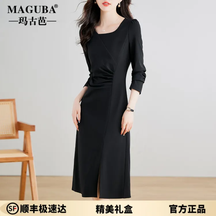 玛古芭黑色长袖连衣裙高级感女2025春秋新款气质修身显瘦洋气裙子