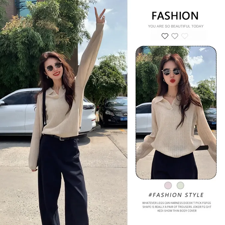 软糯polo翻领毛衣女内搭秋冬复古港味慵懒风上衣休闲针织打底衫女